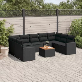    10 részes fekete polyrattan kerti ülőgarnitúra párnákkal