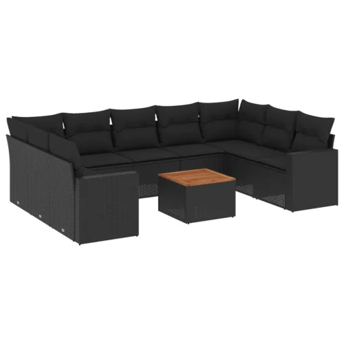  10 részes fekete polyrattan kerti ülőgarnitúra párnákkal