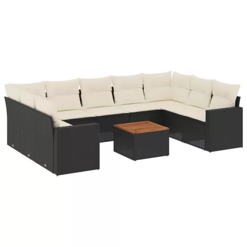  10 részes fekete polyrattan kerti ülőgarnitúra párnákkal