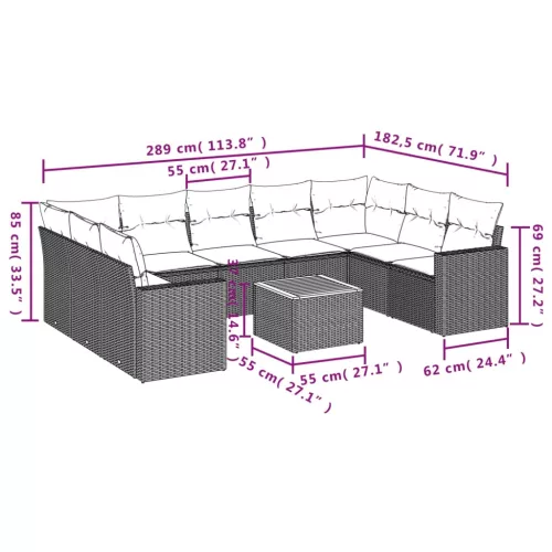  10 részes fekete polyrattan kerti ülőgarnitúra párnákkal