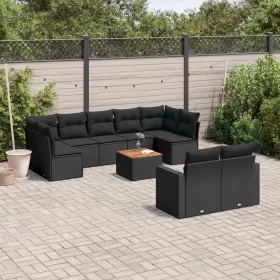    10 részes fekete polyrattan kerti ülőgarnitúra párnákkal