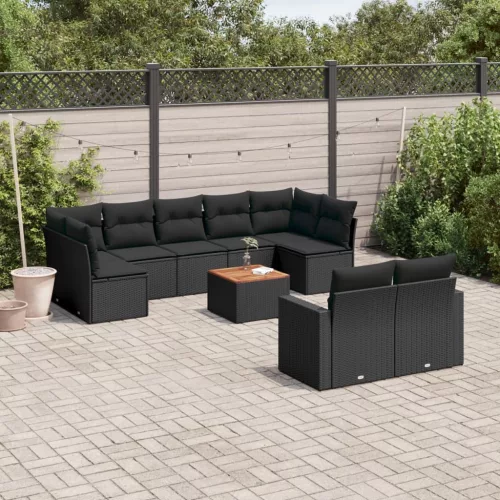  10 részes fekete polyrattan kerti ülőgarnitúra párnákkal