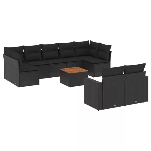  10 részes fekete polyrattan kerti ülőgarnitúra párnákkal
