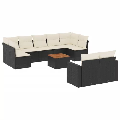  10 részes fekete polyrattan kerti ülőgarnitúra párnákkal