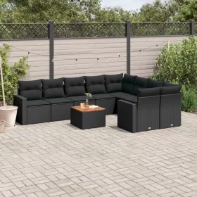   10 részes fekete polyrattan kerti ülőgarnitúra párnákkal