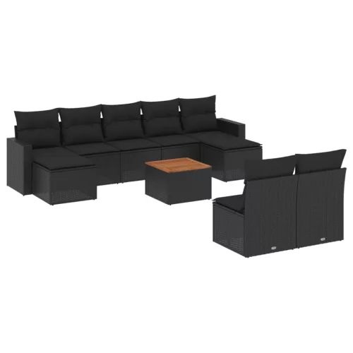  10 részes fekete polyrattan kerti ülőgarnitúra párnákkal
