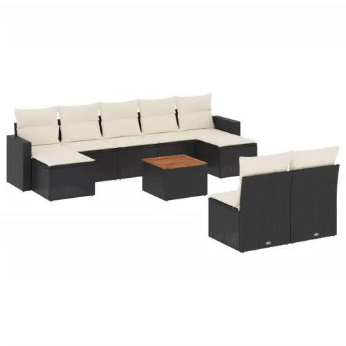  10 részes fekete polyrattan kerti ülőgarnitúra párnákkal