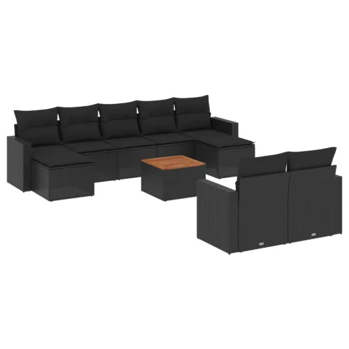  10 részes fekete polyrattan kerti ülőgarnitúra párnákkal