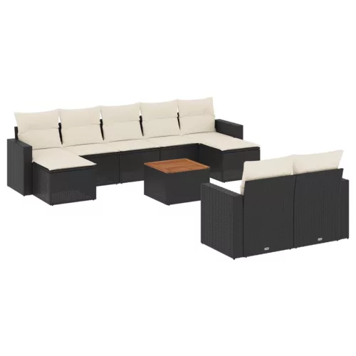  10 részes fekete polyrattan kerti ülőgarnitúra párnákkal