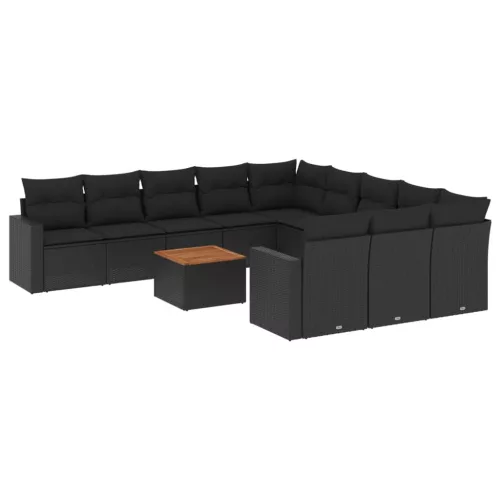  12 részes fekete polyrattan kerti ülőgarnitúra párnákkal