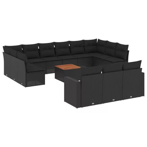  14 részes fekete polyrattan kerti ülőgarnitúra párnákkal