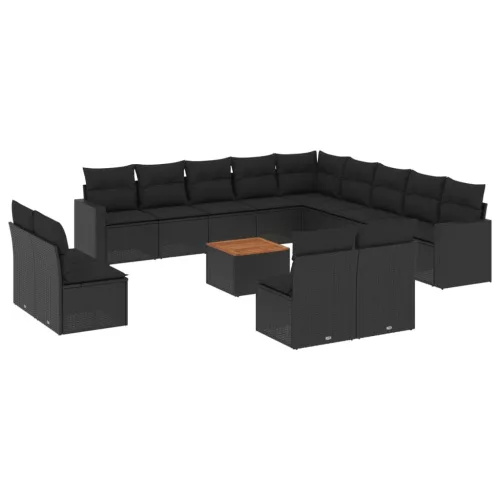  14 részes fekete polyrattan kerti ülőgarnitúra párnákkal