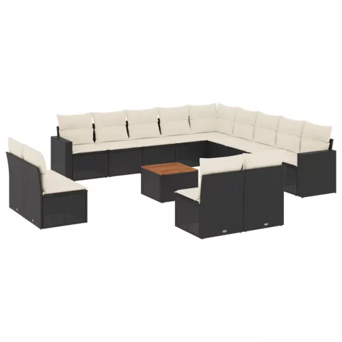  14 részes fekete polyrattan kerti ülőgarnitúra párnákkal