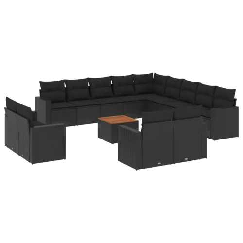  14 részes fekete polyrattan kerti ülőgarnitúra párnákkal