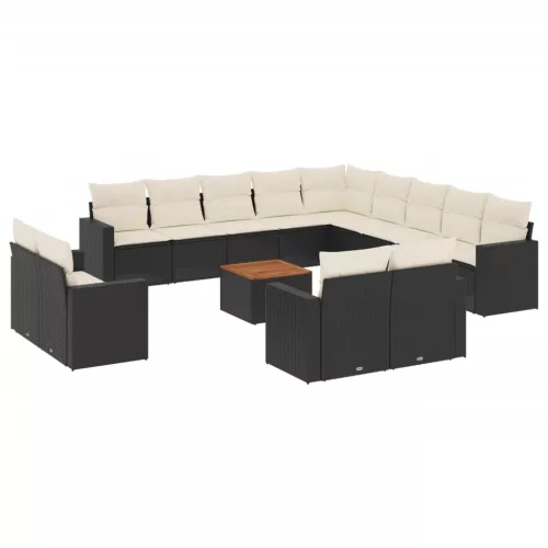  14 részes fekete polyrattan kerti ülőgarnitúra párnákkal