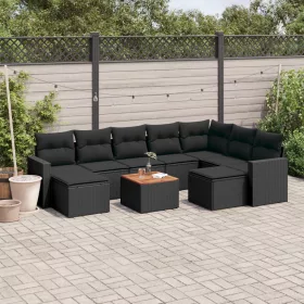    10 részes fekete polyrattan kerti ülőgarnitúra párnákkal