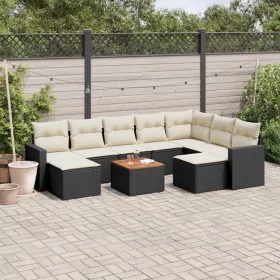    10 részes fekete polyrattan kerti ülőgarnitúra párnákkal