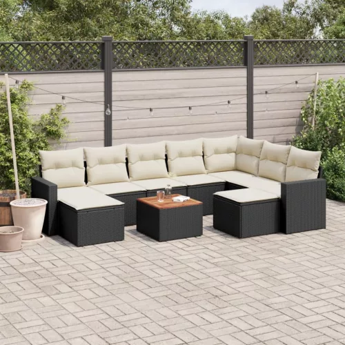  10 részes fekete polyrattan kerti ülőgarnitúra párnákkal