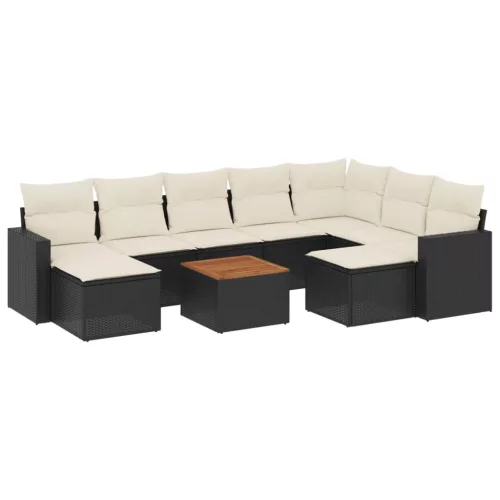  10 részes fekete polyrattan kerti ülőgarnitúra párnákkal