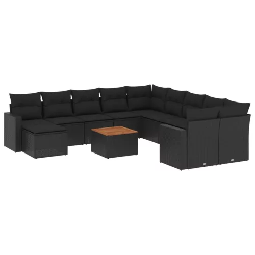  12 részes fekete polyrattan kerti ülőgarnitúra párnákkal