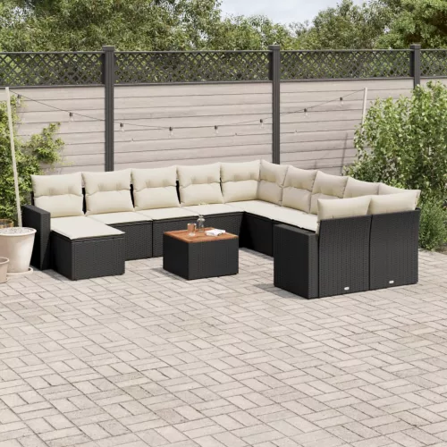  12 részes fekete polyrattan kerti ülőgarnitúra párnákkal