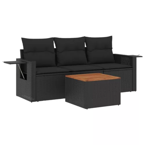  4 részes fekete polyrattan kerti ülőgarnitúra párnákkal
