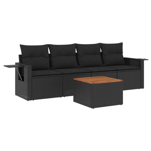  5 részes fekete polyrattan kerti kanapészett párnákkal