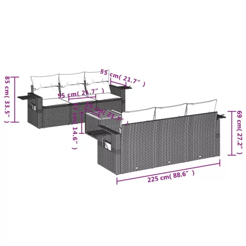  7 részes fekete polyrattan kerti ülőgarnitúra párnával