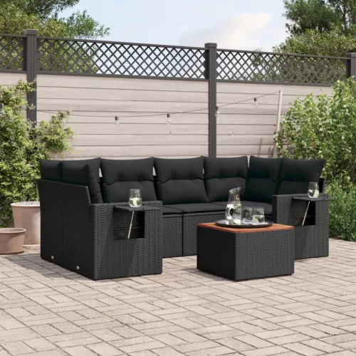  7 részes fekete polyrattan kerti ülőgarnitúra párnával