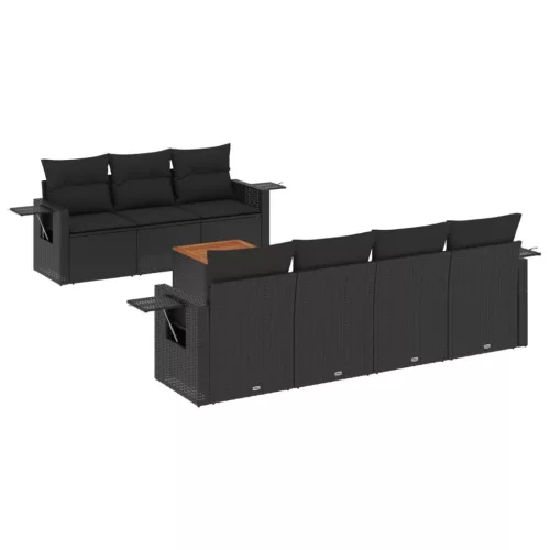  8 részes fekete polyrattan kerti ülőgarnitúra párnákkal