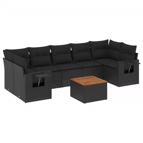  8 részes fekete polyrattan kerti ülőgarnitúra párnákkal