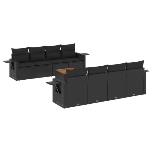  9 részes fekete polyrattan kerti ülőgarnitúra párnákkal