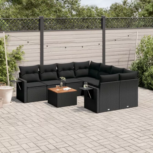  9 részes fekete polyrattan kerti ülőgarnitúra párnákkal