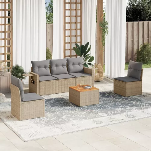  6 részes bézs polyrattan kerti ülőgarnitúra párnával