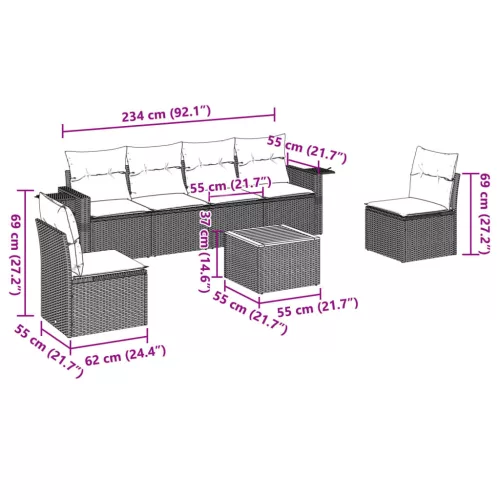  7 részes szürke polyrattan kerti ülőgarnitúra párnákkal