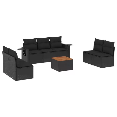  8 részes fekete polyrattan kerti ülőgarnitúra párnákkal