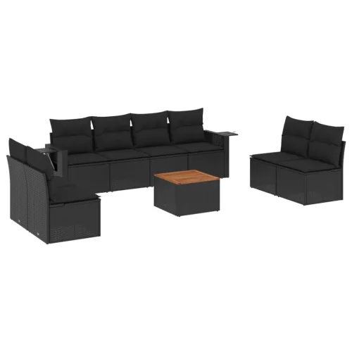  9 részes fekete polyrattan kerti ülőgarnitúra párnákkal
