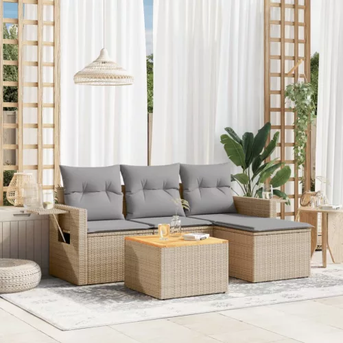  5 részes bézs polyrattan kerti ülőgarnitúra párnákkal
