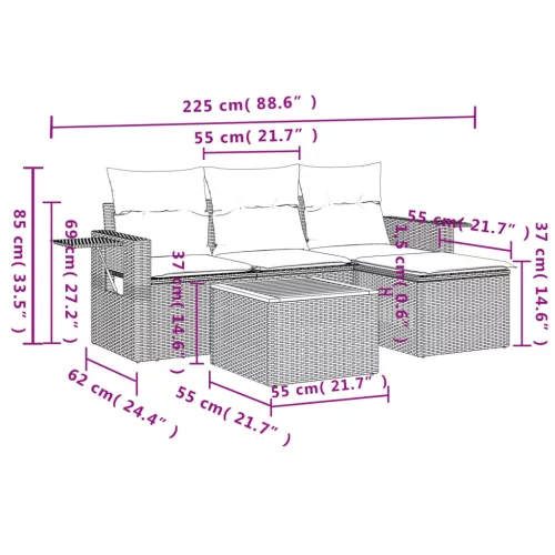  5 részes szürke polyrattan kerti ülőgarnitúra párnákkal