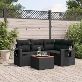  5 részes fekete polyrattan kerti kanapészett párnákkal