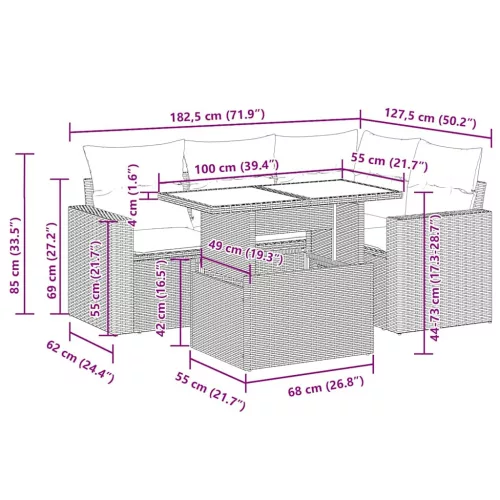  5 részes fekete polyrattan kerti kanapészett párnákkal