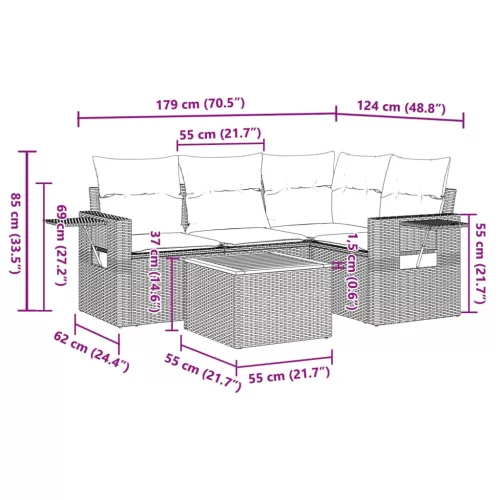  5 részes szürke polyrattan kerti ülőgarnitúra párnákkal