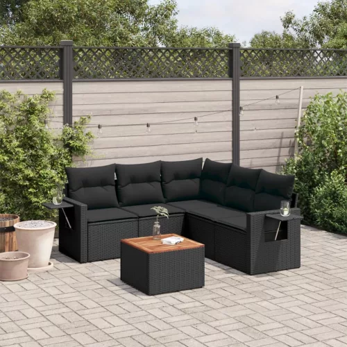  6 részes fekete polyrattan kerti ülőgarnitúra párnákkal