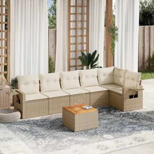  7 részes bézs polyrattan kerti ülőgarnitúra párnákkal