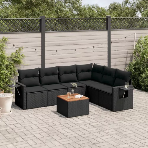  7 részes fekete polyrattan kerti ülőgarnitúra párnával