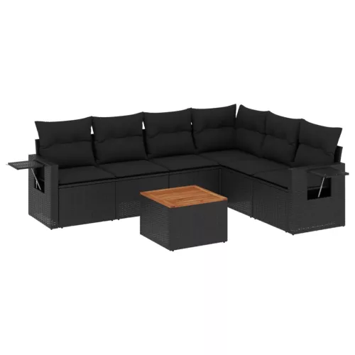 7 részes fekete polyrattan kerti ülőgarnitúra párnával
