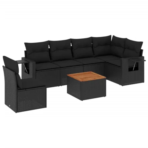  7 részes fekete polyrattan kerti ülőgarnitúra párnával