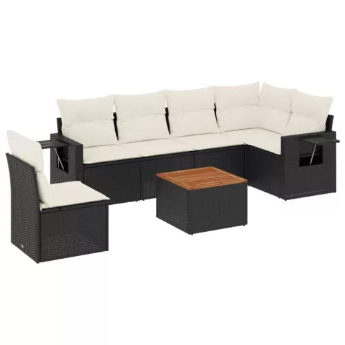  7 részes fekete polyrattan kerti ülőgarnitúra párnával