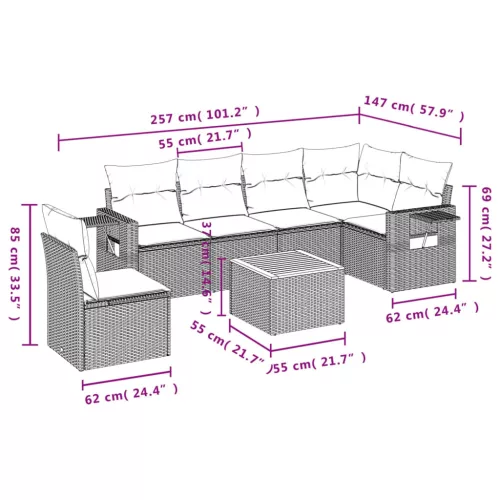  7 részes szürke polyrattan kerti ülőgarnitúra párnákkal