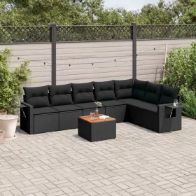    8 részes fekete polyrattan kerti ülőgarnitúra párnákkal